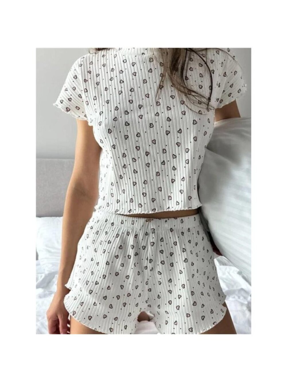 Heart Print Ribbed Knit Top and Shorts Lounge Set